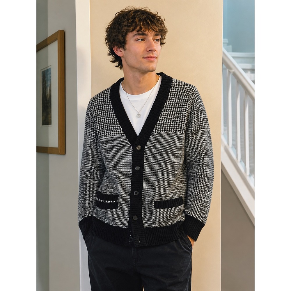 Revolution Now Mens Houndstooth Cardigan‎ Sweater Wool Alpaca Black White Small